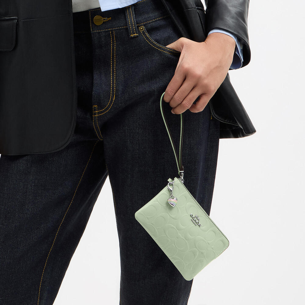 Corner Zip Wristlet In Signature Leather With Heart Charm NWT